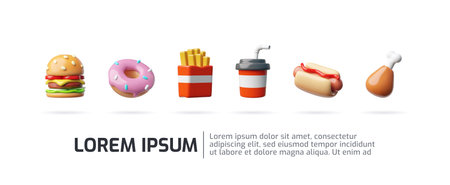 Vector 3d illustration of banner with fast food icons on isolated background with place for text.のイラスト素材