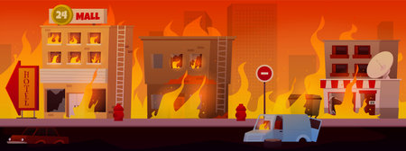 Vector illustration of an abandoned city on fire. Post-apocalypse.のイラスト素材