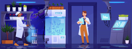 Scientific Biology laboratory interior with plants and scientists, vector flat laboratory assistant conducts experimentのイラスト素材