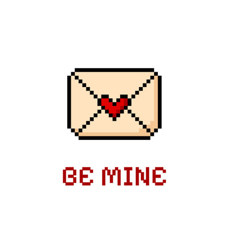 Vector illustration of a poster with a pixel envelope with a red heart and text.のイラスト素材