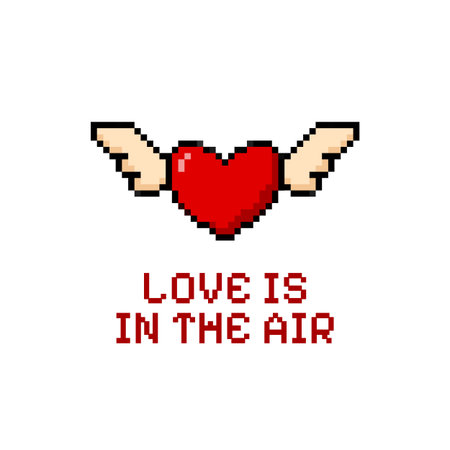 Vector illustration of postcard with pixel red heart with wings and text.のイラスト素材