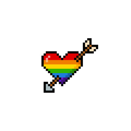 Rainbow heart pierced by an arrow pixel art Y2K icon, LGBT community 8 bit symbol of homosexual love, gay pride conceptのイラスト素材