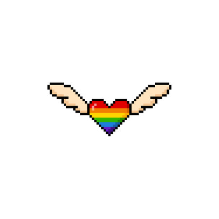 Vector of pixel rainbow heart icon with wings. 8 bit vintage illustration.のイラスト素材