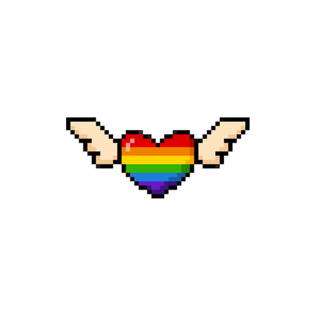 Vector illustration of pixel rainbow heart with wings. Vintage 8 bit retro game icon.のイラスト素材
