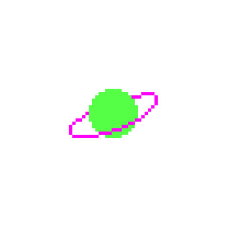 Green planet with pink ring pixel art Y2K vector icon, Saturn, Jupiter or Neptune in circle, 8 bit game galaxy or spaceのイラスト素材