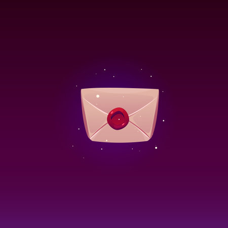 Vector illustration of closed vintage envelope with red wax seal and glowing particles around.のイラスト素材