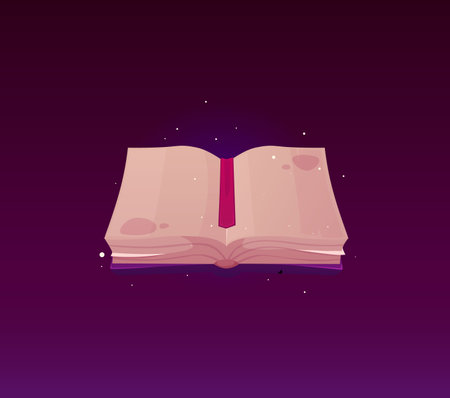Opened vintage book with clean sheets and bookmark ribbon, vector cartoon game spiritual witchcraft and wizardry bookのイラスト素材