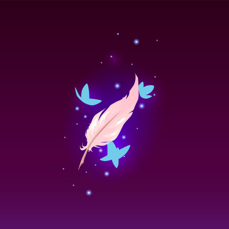 Magic feather with glowing butterflies, sparks vector illustration, cartoon bird plume, game fairytale symbol on purpleのイラスト素材