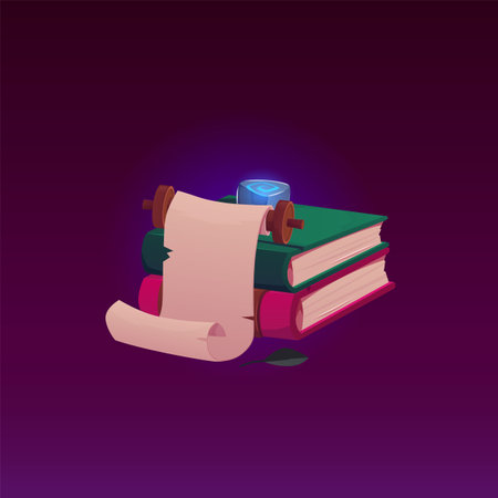 Ancient parchment roll, old paper blank scroll with magic book vector flat illustration, game witchcraft or wizardryのイラスト素材