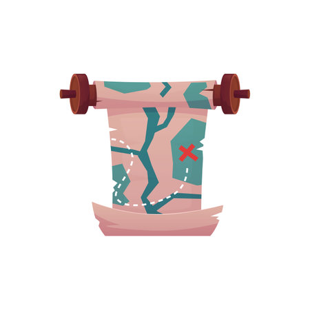 Ancient game map parchment roll with the path to the marked destination, old paper scroll on wooden hub vector flat iconのイラスト素材