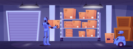 Illustration with various robots placing boxes on a shelf in a manufacturing facility.のイラスト素材