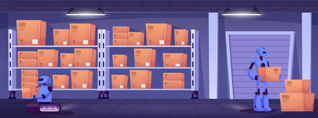 Cartoon robots carrying cardboard boxes in warehouse, vector flat transportation, logistics process, automatic deliveryのイラスト素材