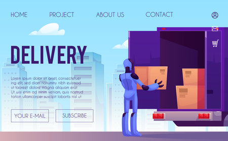 Vector illustration of a web page with a robot loading boxes into a truck.のイラスト素材