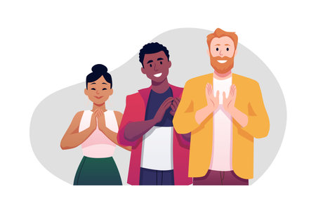 Vector illustration of happy men and women of different nationalities clapping their hands.のイラスト素材