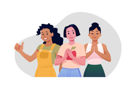 Vector flat illustration of happy women of different nationalities clapping their hands.のイラスト素材