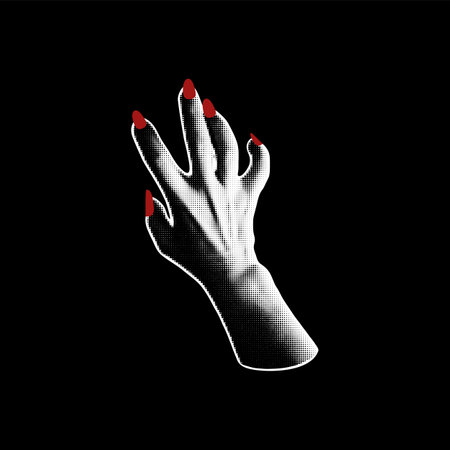 Halftone hand red nails manicure retro photocopy effect, vector Halloween zombie arm with curve fingers stretches upwardのイラスト素材