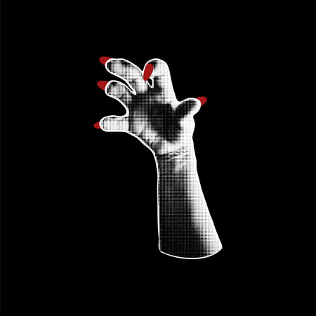 Halftone hand red nails manicure retro photocopy effect, vector grainy Halloween zombie hand with curve fingers on blackのイラスト素材