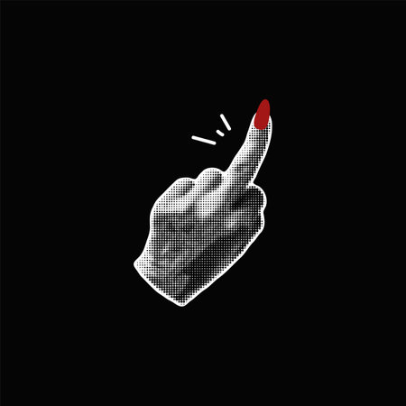 Halftone grainy fuck off hand gesture retro noise photocopy effect, vector grunge middle finger sign, red nails manicureのイラスト素材
