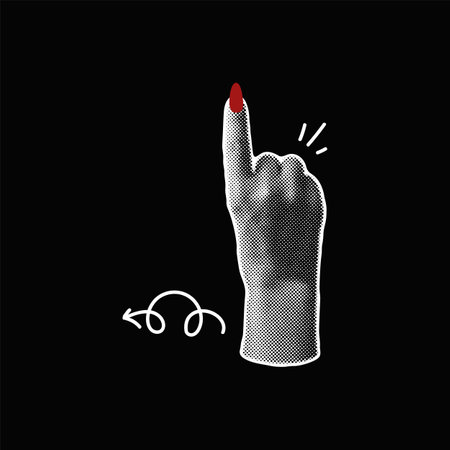 Halftone grainy pointing up hand with red nails manicure retro photocopy effect, vector stipple forefinger arm gestureのイラスト素材