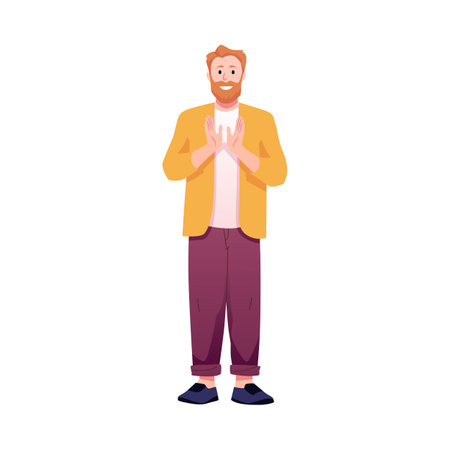 Applauding man, showing appreciation, vector flat happy bearded male character clapping hands, encouragement arm gestureのイラスト素材