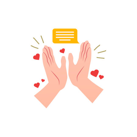 Clapping hands gesture with speech bubble and hearts flat vector icon, cartoon hands applauds appreciation and love signのイラスト素材