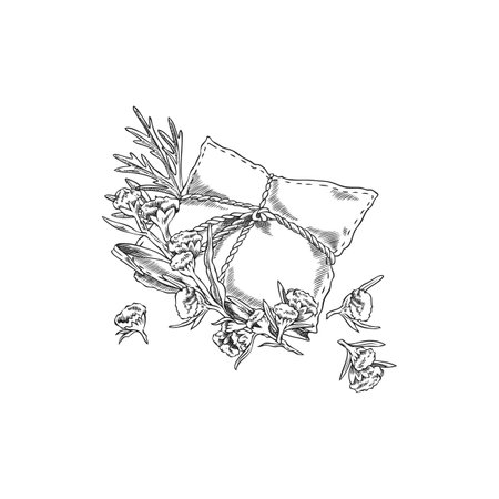 Wormwood plant and essential aroma sachet engraved sketch, hand drawn Artemisia flowers leaves, herbal fragrance productのイラスト素材