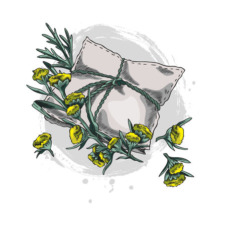 Wormwood plant and essential aroma sachet sketch, hand drawn Artemisia flowers leaves, fragrance product medical herbのイラスト素材