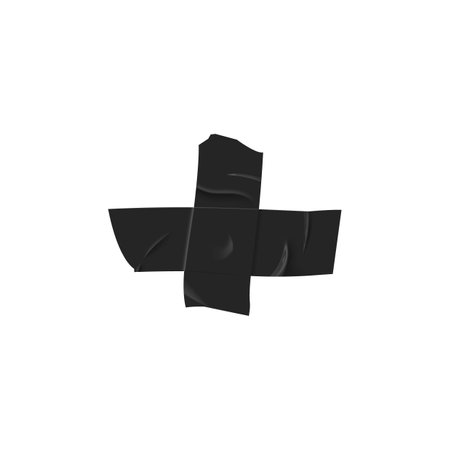 Black sticky scotch tape stripes cross form, adhesive wrinkled pieces, vector realistic torn glued masking duct tapeのイラスト素材