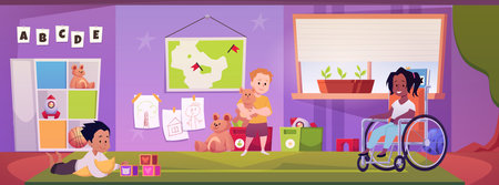 Kindergarten room interior with playing little kids, vector cartoon handicapped girl sitting in wheelchair in playroomのイラスト素材