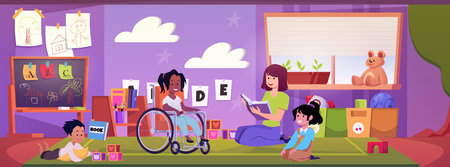 Nurse teacher reading book to little kids pupil in kindergarten classroom, vector handicapped girl sitting in wheelchairのイラスト素材