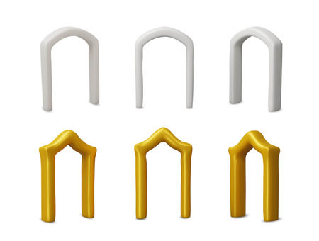 3D arch frames vector set, golden and white glossy doorways, vintage curve border design, Arabic and classic style gatesのイラスト素材