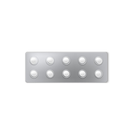 Pills blister pack 3D vector icon, realistic transparent package containing round white tablets, medicine drugs mock upのイラスト素材