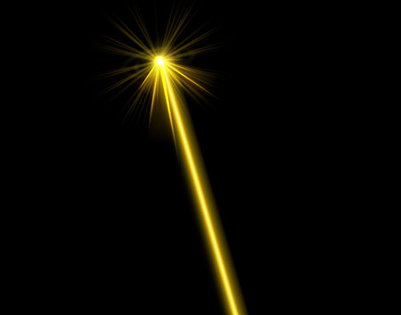 Yellow laser beam on black, glowing neon light laser beam line ray from explosion, burst energy effect, vector spotlightのイラスト素材