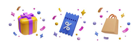 3d discount voucher, gift box, paper shopping bag.のイラスト素材