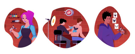 Vector illustration of set with tattoo parlor artists in round frames.のイラスト素材