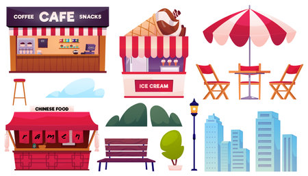 Street Cafe theme vector icons set, Chinese food and Ramen restaurant, Coffee and snacks, ice cream shops, cityscapeのイラスト素材