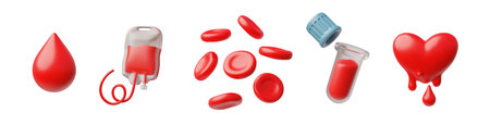 3d illustration of red blood cell icon set, heart, test tube, drop and blood bag for transfusion.のイラスト素材