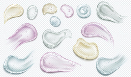 Realistic cosmetic gel drop, smeared soap colorful bubbles vector set, glossy volume jelly daub blob, liquid lotion spotのイラスト素材