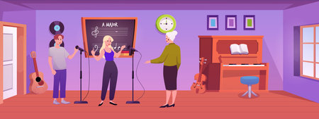 Students singing into microphone and teacher in music classroom vector illustration, musical instruments, vocal lessonのイラスト素材