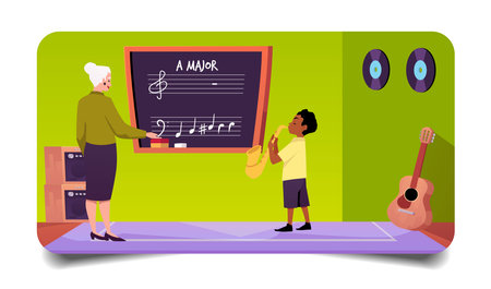Vector illustration of music classroom interior, with teacher and student.のイラスト素材
