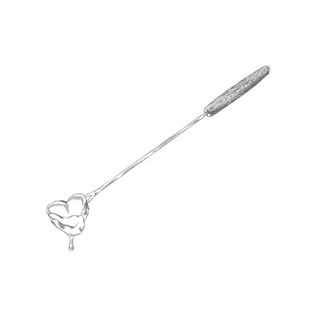 Black and white sketch of fondue fork with marshmallow dipped in hot chocolate or cheese.のイラスト素材