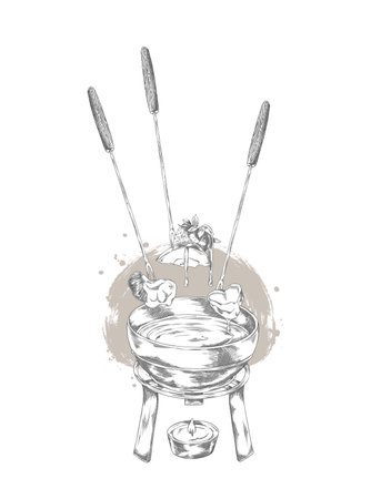 Black and white sketch of fruit pieces on a fork dipping into hot chocolate in a fondue pot.のイラスト素材
