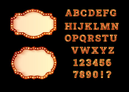 Retro alphabet, numbers and frames design with illuminated bulbs, Vector illustration.のイラスト素材