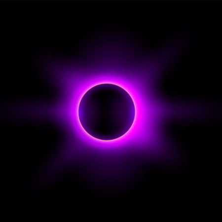 Solar eclipse with sunlight and rays, vector realistic full planet eclipse in dark universe, purple...