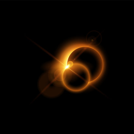 Solar or moon eclipse with orange blur light, vector partial planet eclipse in dark universe, spark...