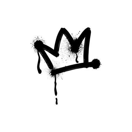 Black spray paint crown shape, vector graffiti spraying king symbol line silhouette with ink splatters and drippingのイラスト素材