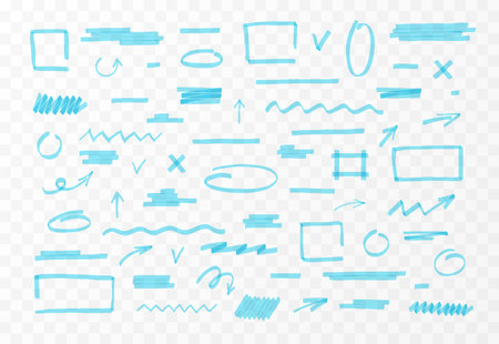 Blue marker pen or highlighter lines and shapes vector set, transparent brush pen hand drawn underline stroke collectionのイラスト素材