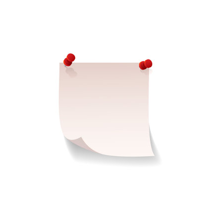 Paper sticker note attached with red push pins vector icon, realistic stick note with curled corner, blank for messagesのイラスト素材