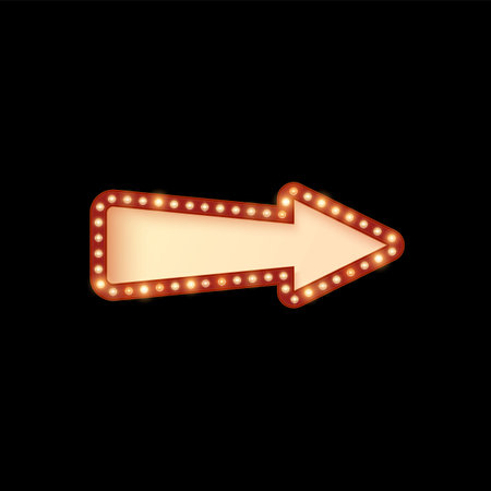 Light bulbs on red arrow frame, vector direction sign lamp border, retro pointer billboard signboard, lightbox on blackのイラスト素材