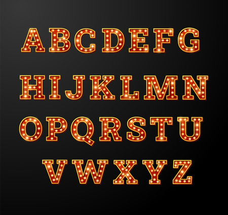 Broadway style retro light bulb font, vintage alphabet lamp letters, language uppercase typing symbols vector collectionのイラスト素材